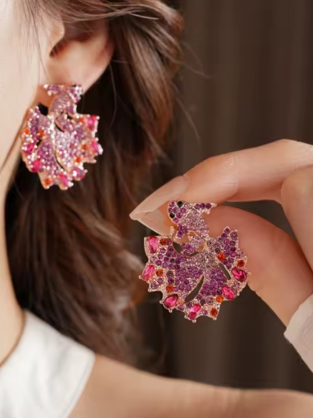 Elegant Pink & Purple Crystal Leaf Statement Earrings